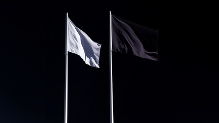 Two contrasting flags waving in the night sky, symbolizing peace and defiance