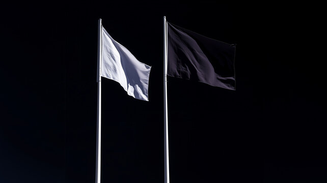 Two contrasting flags waving in the night sky, symbolizing peace and defiance