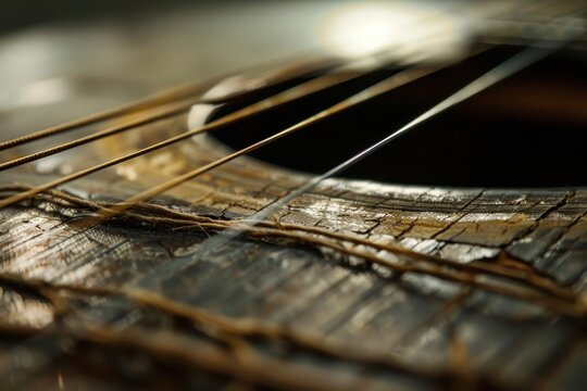 Close-up of broken guitar string music room artistic photography raw detail