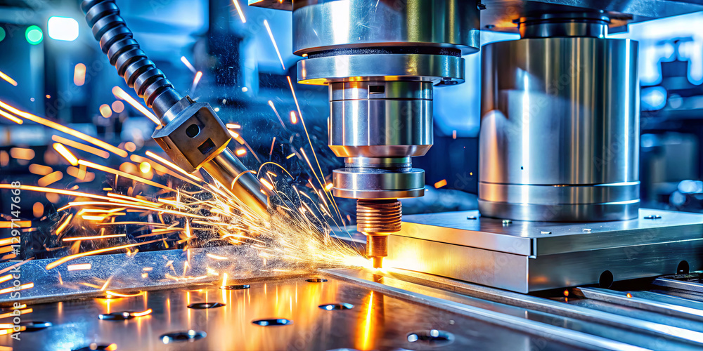 Aufkleber cnc machine tool operates on metal, cutting with precision while sparks fly. the workshop is filled 