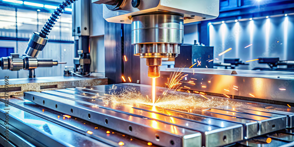 Poster a cnc machine cuts metal sheets in a well-lit factory. sparks fly as the cutting tool engages with t