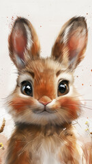 Cute pastel bunny with big eyes and fluffy fur in a playful setting surrounded by nature