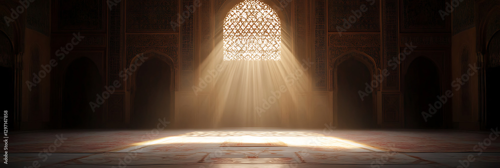 Aufkleber sunlight streams through an ornate window, illuminating an empty room, casting long shadows. the lig
