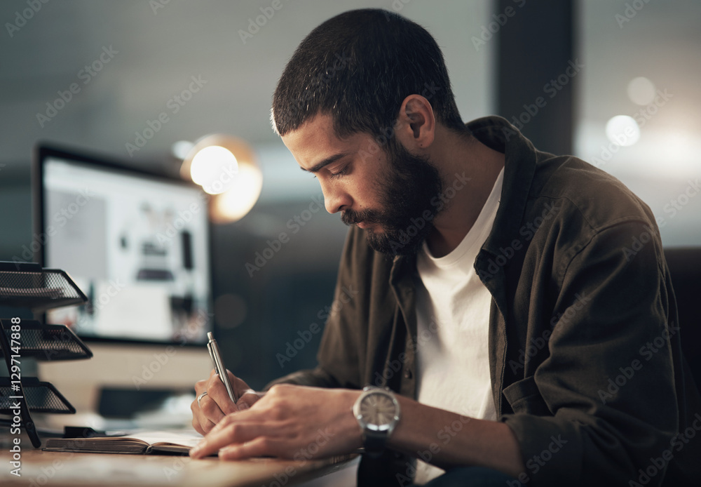 Poster Writing, creative and man in office, night and employee with ideas for project, computer and web designer. Overtime, notes and working late for deadline in business, person and planning for design