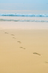 Footprints of human feet on the sand near the water on the beach.