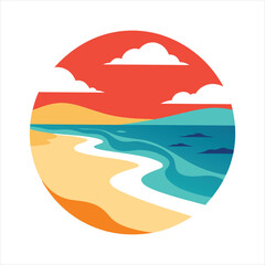  Peaceful Beach Scene with Waves Silhouette Retro Vintage Vector Art
