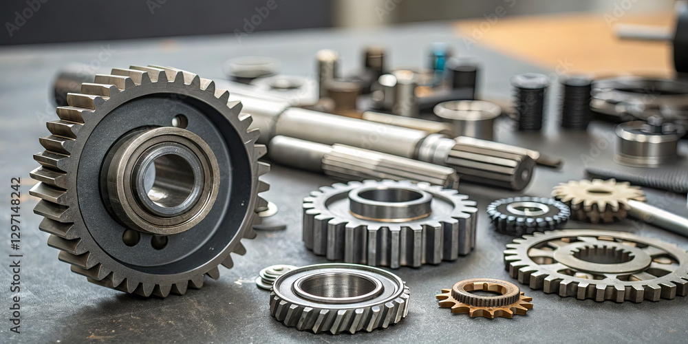 Poster gears and machine parts are meticulously arranged on a workbench, showcasing the intricate design an