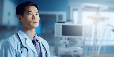 Doctor. Asian Male Doctor in Professional Medical Attire, Confident Healthcare Professional Isolated on Background with Copy Space. Medical Concept with Copy Space.