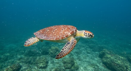 Fototapeta premium A Hawksbill Sea Turtle gracefully swims through a vibrant coral reef habitat its carapace showcasing unique markings The underwater scene is bathed in soft natural light