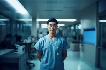 Fototapeta premium Doctor. Asian Male Doctor in Professional Medical Attire, Confident Healthcare Professional Isolated on Background with Copy Space. Medical Concept with Copy Space.
