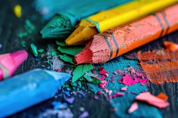 Obraz premium Vibrant broken crayons on wooden surface colorful art supplies creative workspace