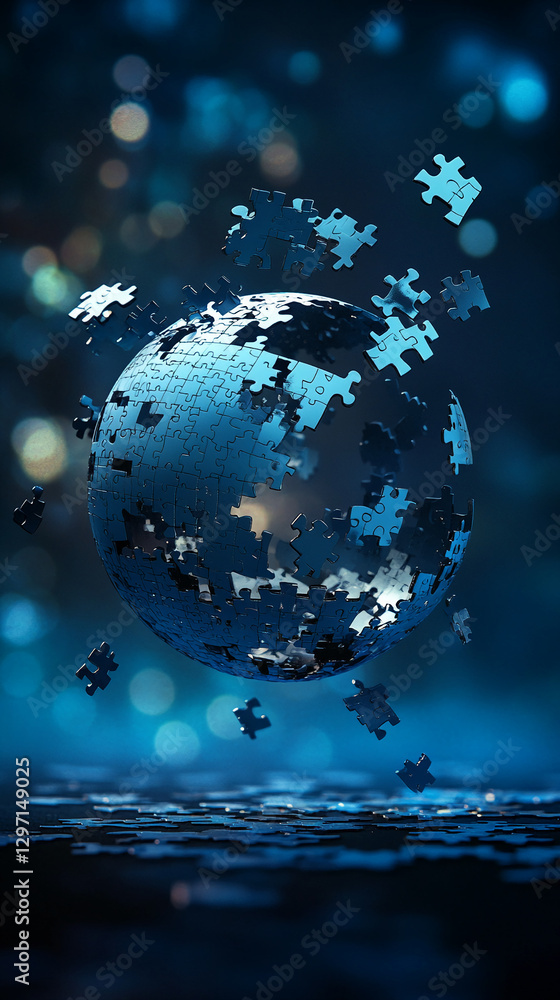 Poster globe made of floating puzzle pieces, symbolizing the interconnectedness of the world, challenges, a