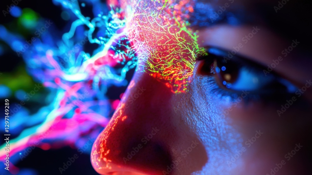 Poster a closeup view of a healthcare professionals focused expression as they interact with a holographic 