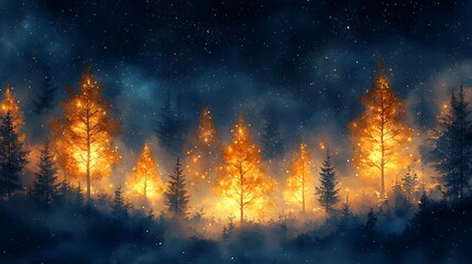 Fototapeta premium Glowing Trees In A Mystical Winter Forest At Night