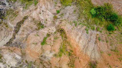Aerial View of Arid Landscapes in Tatacoa Desert, Huila, Colombia with Unique Rock Formations and Vegetation