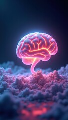 Obraz premium A vibrant, glowing brain illustration emerging from colorful clouds, symbolizing creativity, innovation, and ideas. ideal for tech, health, or mental wellness themes.