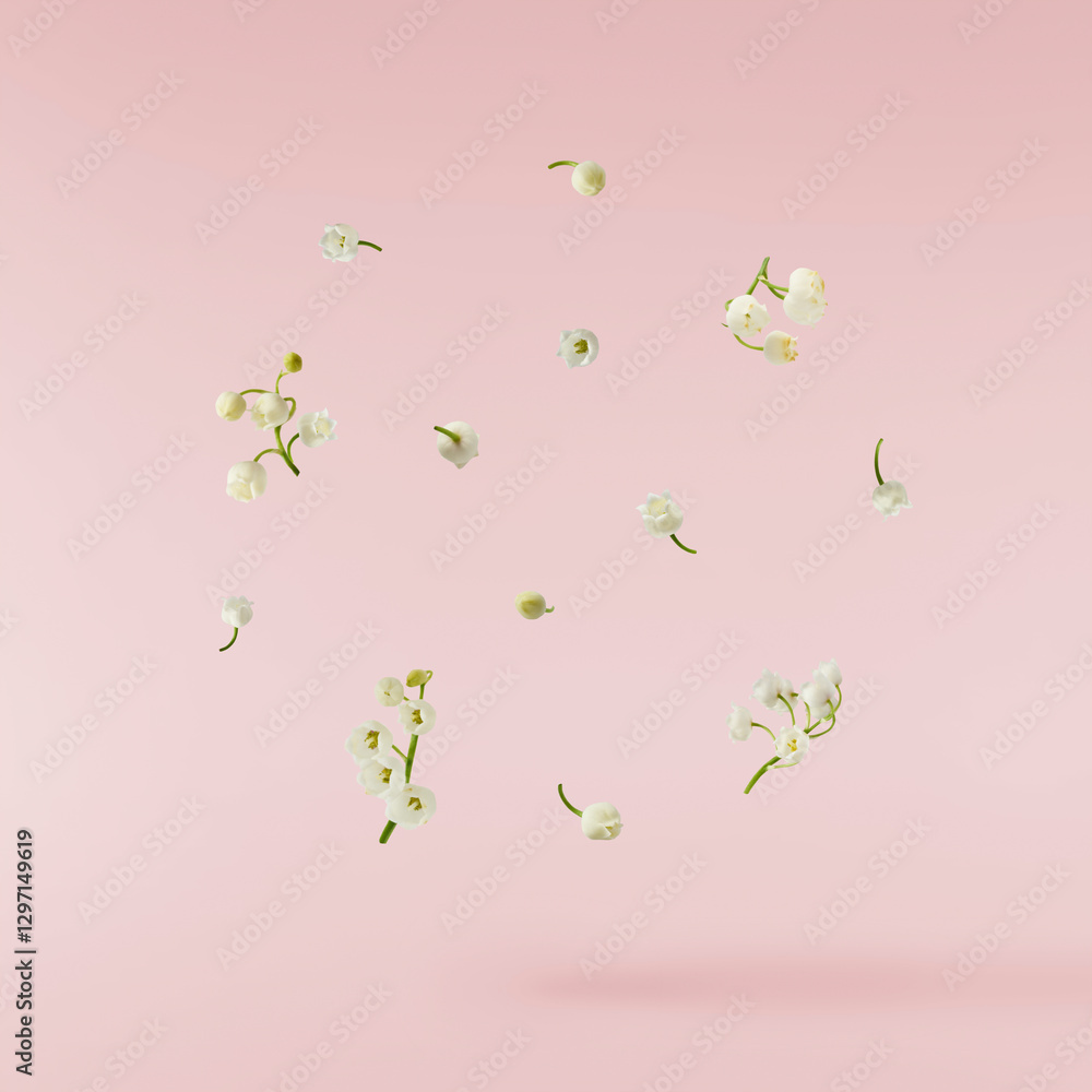 Wall mural beautiful lily of the valley flower falling in the air isolated on pink background. levitation or ze