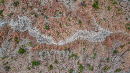 Aerial View of Colorful Canyons and Rock Formations in the Tatacoa Desert, Huila, Colombia