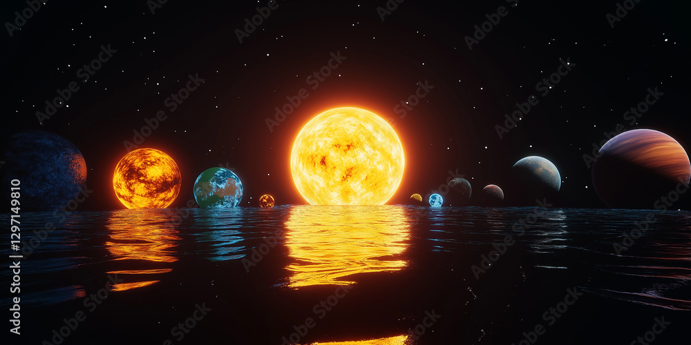 Poster a dreamlike space landscape with planets floating above a reflective surface, creating a sense of tr