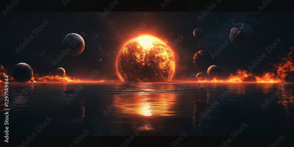 Wall mural a vibrant space scene with planets casting reflections on a liquid surface, creating a dynamic and v