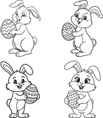 cute easter bunny holding an egg black and white vector illustration
