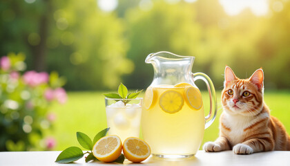 Cat sitting beside lemonade pitcher and glass in garden