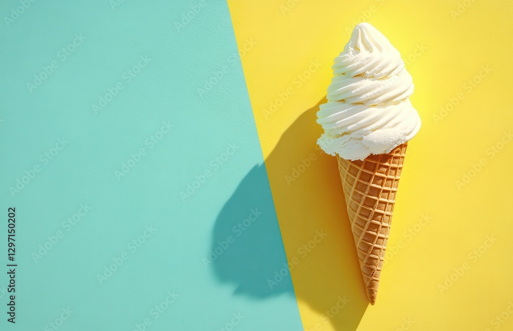 Poster delicious soft serve ice cream cone on bright yellow and turquoise background with inviting swirls a