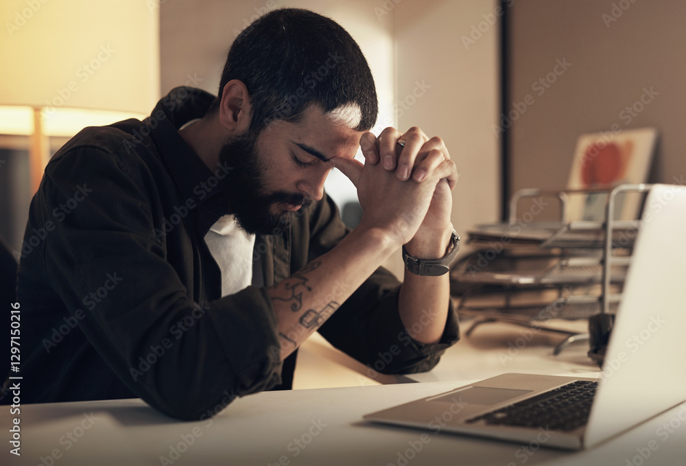 Aufkleber Design, laptop and stress with programmer man in office at night for coding or computer engineering. Burnout, fatigue and headache with tired employee at desk in workplace for project deadline