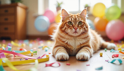 Cat relaxing on colorful party decorations