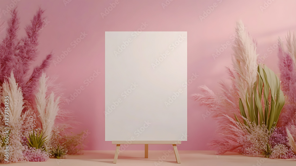 Poster elegant blank canvas on easel, surrounded by feathery pampas grass and pink hues, creating a serene 