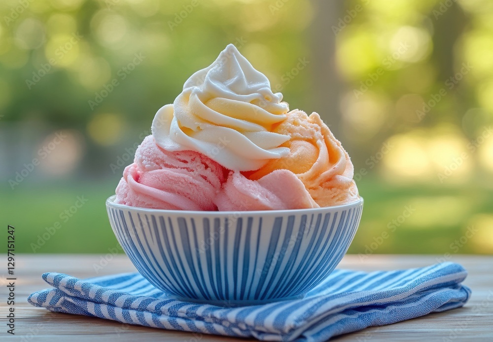 Poster delicious swirls of colorful ice cream in a bowl with bright background and soft focus creating a jo