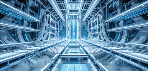 Obraz premium A sprawling, high-tech facility showcases intricate architecture with vibrant blue lighting