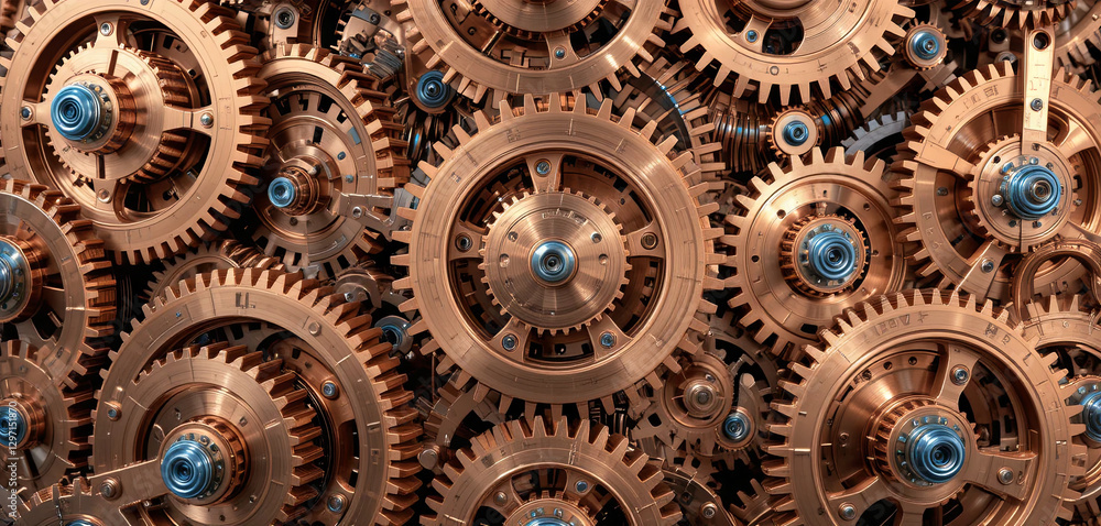 Poster close-up view of a collection of interlocking copper gears set against a neutral background, highlig