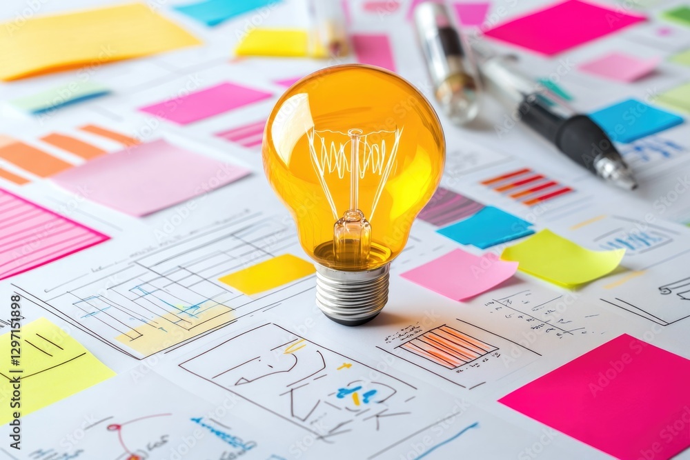 Poster illuminating idea generation process amidst colorful sticky notes and charts.