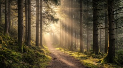 Obraz premium Misty Forest at Dawn with Sunlight Filtering Through Pine Trees