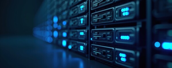 Obraz premium A modern data center featuring sleek servers with blue led lights, symbolizing advanced technology and digital reliability.