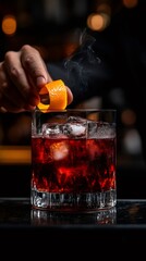 Bartender squeezing orange peel into a negroni cocktail