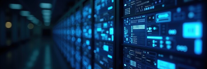 Obraz premium A close-up view of server racks with glowing blue screens, showcasing advanced technology in a modern data center environment.