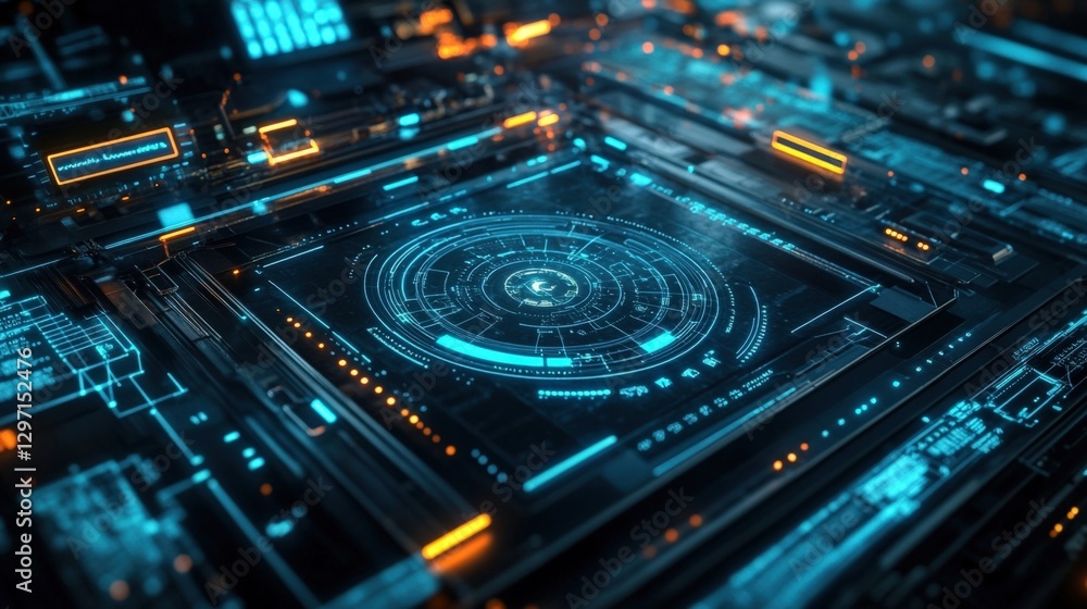 Poster complex technological system processing data with rotating circular hud element, futuristic interfac