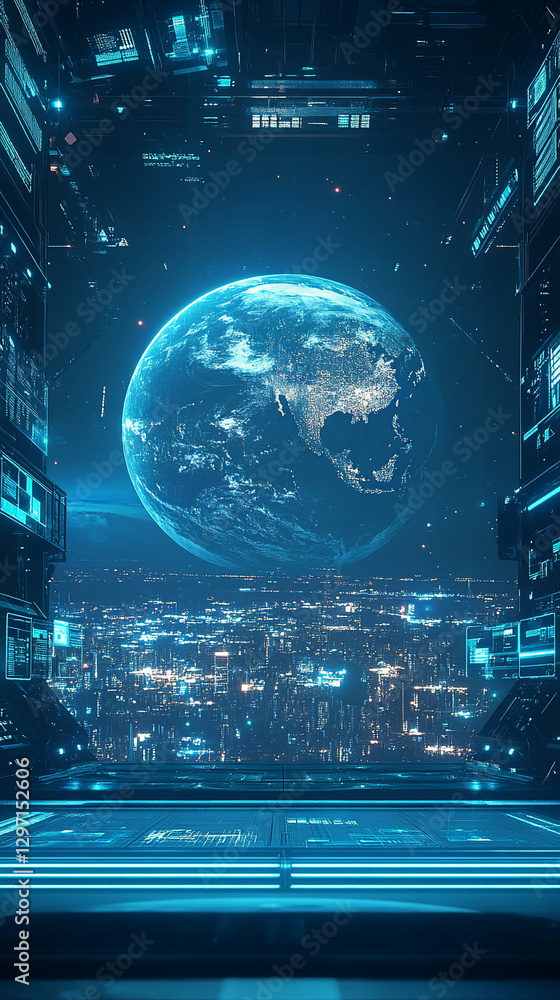 Aufkleber a futuristic digital view of earth with glowing neon lines and a high-tech interface, symbolizing gl