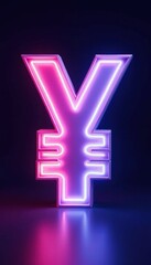 Obraz premium Vibrant neon yen currency symbol illuminated against a dark background, ideal for financial, marketing, and branding projects.