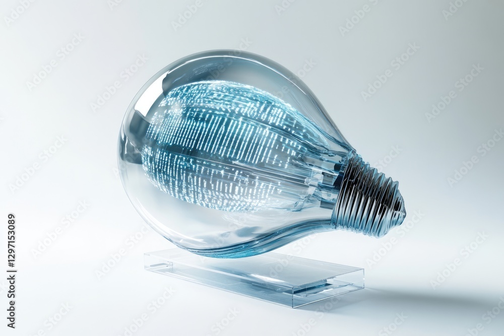 Poster a transparent lightbulb filled with flowing digital data, symbolizing innovation and technological a