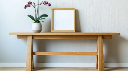 Modern Wooden Bench with Orchid and Blank Frame - Interior Design Inspiration