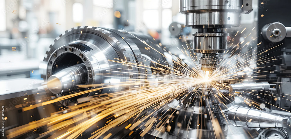 Poster a dynamic metalworking process takes place in a modern workshop as sparks fly from a cutting tool du