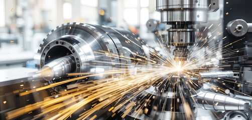 A dynamic metalworking process takes place in a modern workshop as sparks fly from a cutting tool during precise machining of metal parts, showcasing advanced engineering techniques