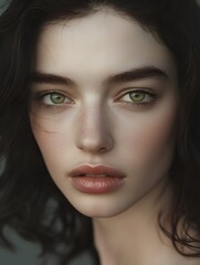 Fototapeta premium Close-up portrait of a stunning woman with deep green eyes, soft skin, and dark wavy hair. Her natural beauty, delicate features, and intense gaze create an enchanting and ethereal aura. 