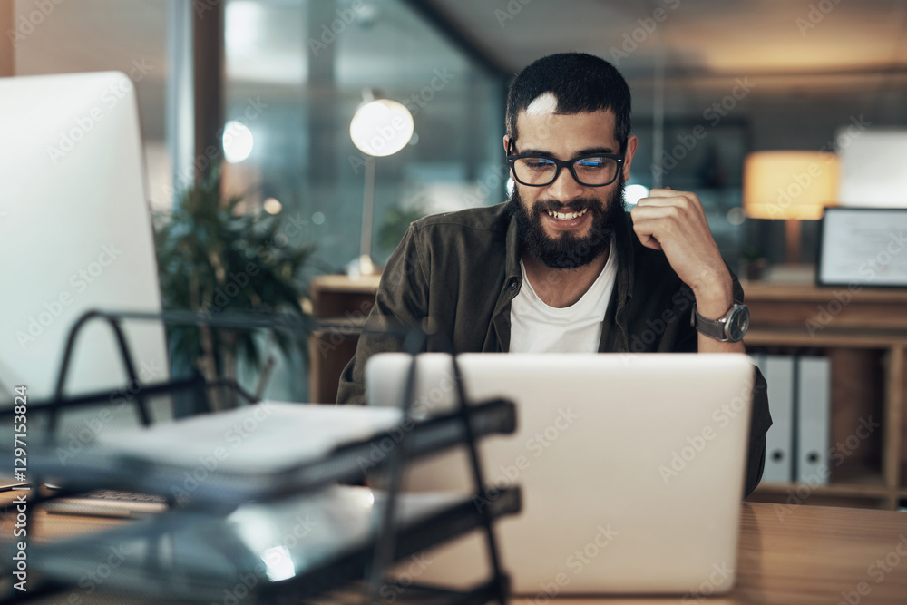 Poster Laptop, smile and research with business man in office for web designer, ux tools or planning. Coding homepage, night and developer with person in tech agency for cms platform, glasses and reading