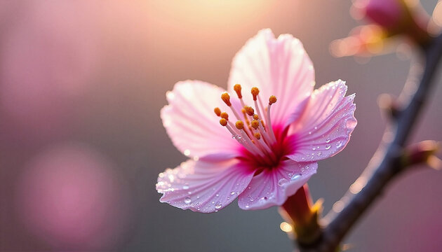 Delicate cherry blossom bud sparkling with morning dew, nature's beauty