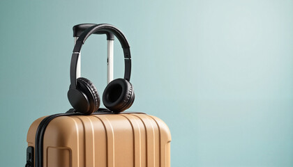 Stylish suitcase with headphones on top, travel inspiration