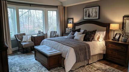 Luxurious Master Bedroom Design with Bay Window and Cozy Atmosphere